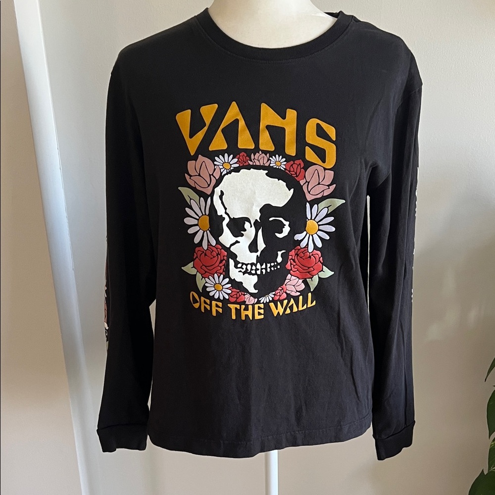 Vans Black Long Sleeve Tee with Skull and Floral Design